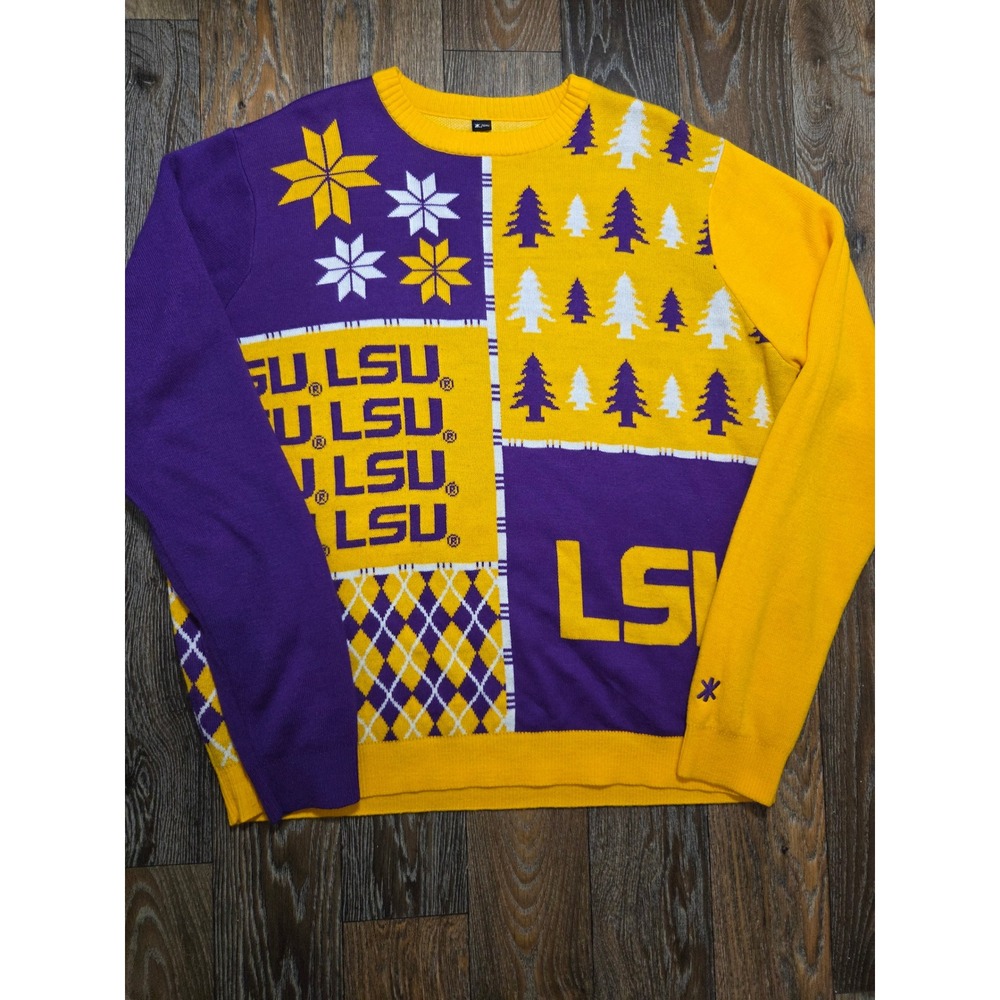 LSU Tigers Mens Ugly Christmas Sweater Purple Gold Patchwork Knit Pullover 2XL